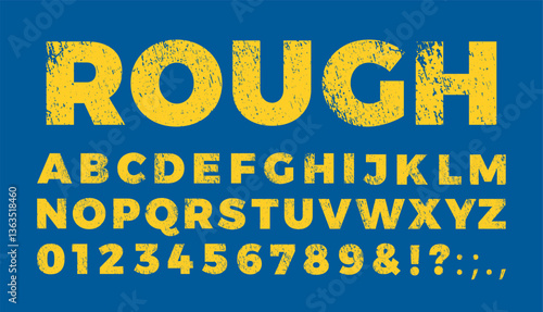 Uppercase letters of English alphabet and numbers, yellow rough texture font, grunge scratched chalk typographic symbols