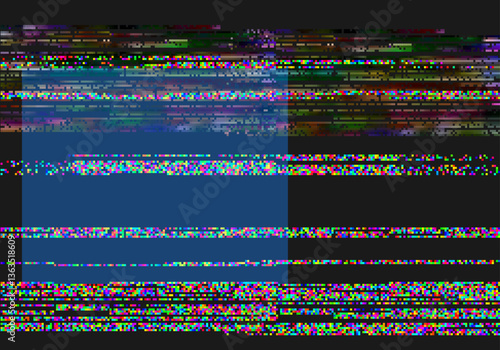 VHS effect, glitch and blue square on black background, abstract digital pixel error screen, video damage vector design