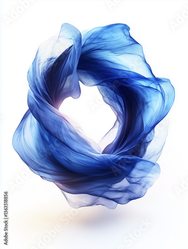 Abstract blue silk fabric swirling in a dynamic and fluid motion against a white background