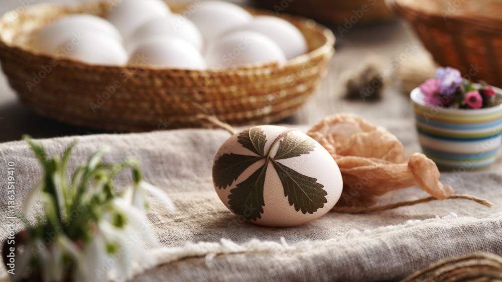 White Easter egg with fresh leaves attached to it with old stockings - preparation for dyeing with onion skins White Easter egg with fresh leaves attached to it with old stockings - preparation for dyeing with onion skins