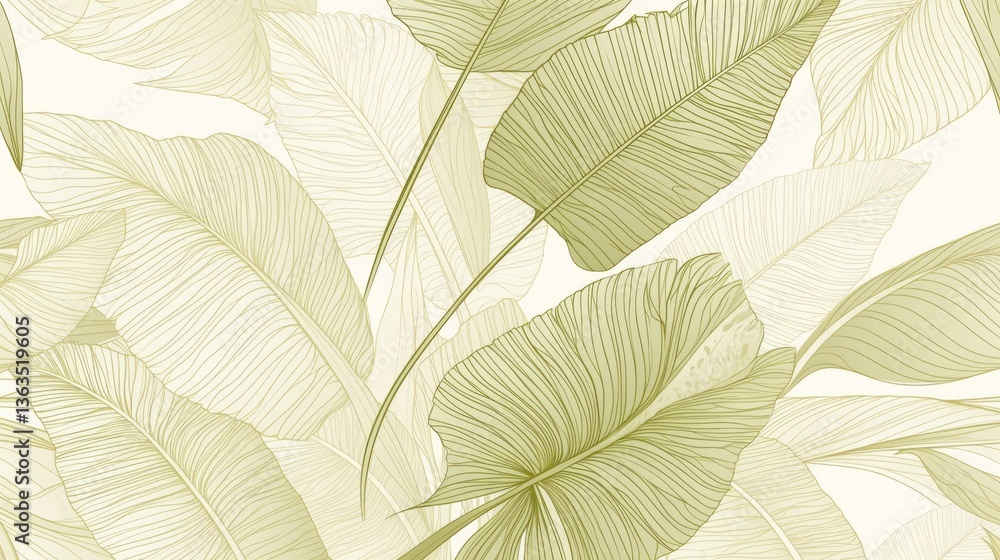 Fototapeta premium Luxury Green Leaf Wallpaper – Elegant Tropical Line Art Pattern