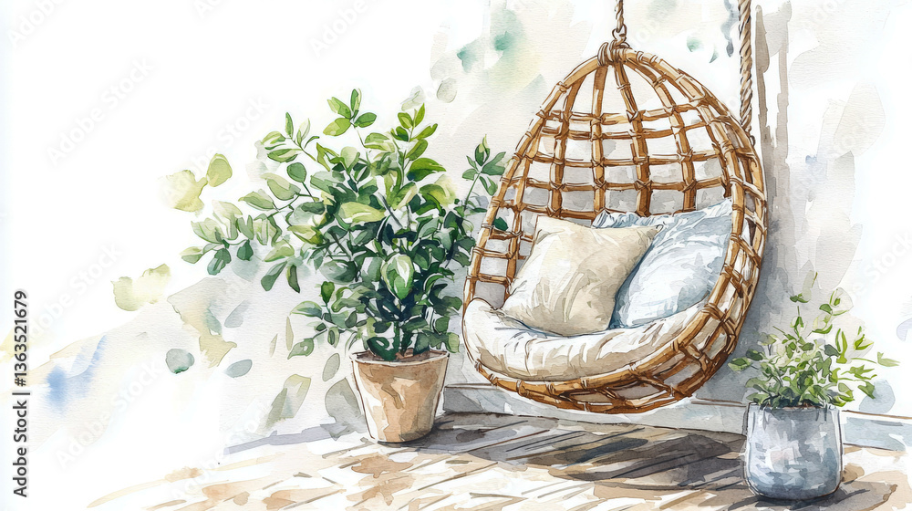 Fototapeta premium Eco style watercolor illustration of cozy reading nook with hanging chair and lush green plants. concept of tranquil relaxation, nature-inspired decor, serene home spaces, artistic comfort.