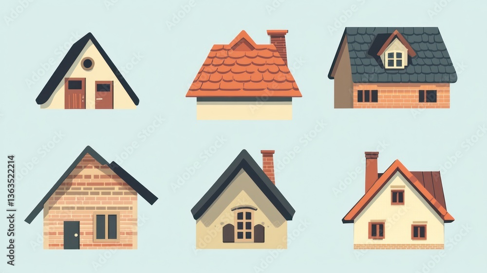 Six house styles, architectural designs, light blue background, home illustrations, real estate Six house styles, architectural designs, light blue background, home illustrations, real estate