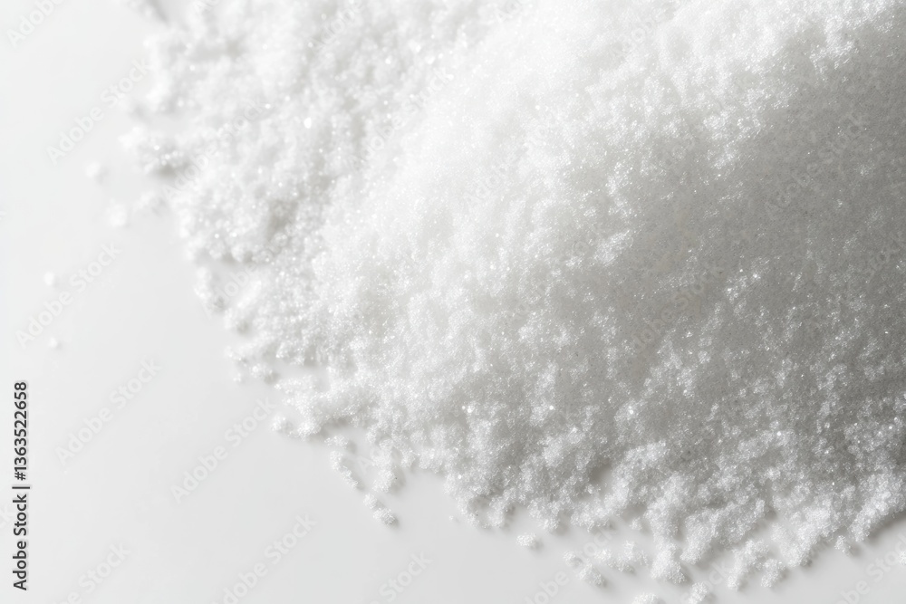 Close-up view of a pile of fine, white crystalline substance, possibly sugar or salt. Close-up view of a pile of fine, white crystalline substance, possibly sugar or salt.