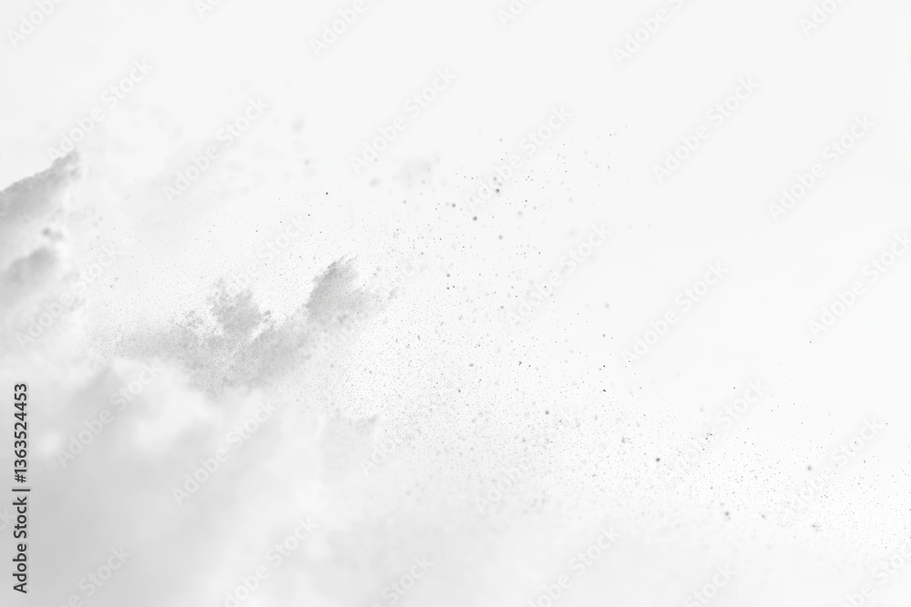 Fototapeta premium Abstract grayscale image of powder explosion, showcasing a dynamic cloud of particles against a white backdrop.