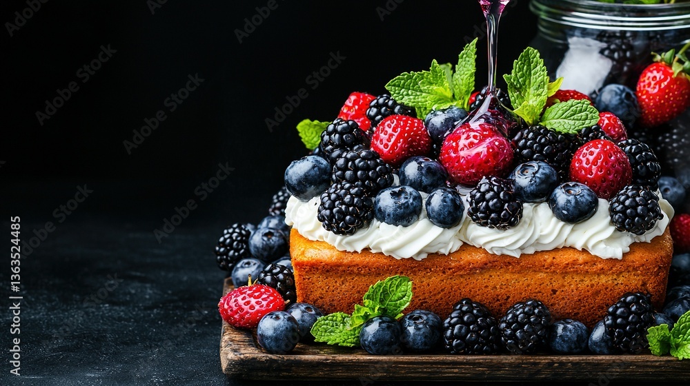 A photo of a fruit-topped cake on a cutting board with a jar of jam nearby and a spoon in the foreground A photo of a fruit-topped cake on a cutting board with a jar of jam nearby and a spoon in the foreground