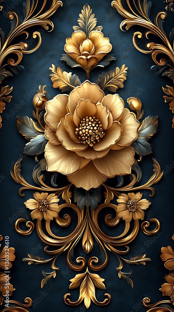 Golden Roses and Intricate Swirls on a Deep Blue Background
Golden Roses and Intricate Swirls on a Deep Blue Background