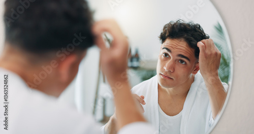 Cuadro en lienzo House, mirror and man with hair care, bathroom and grooming with routine, volume and texture