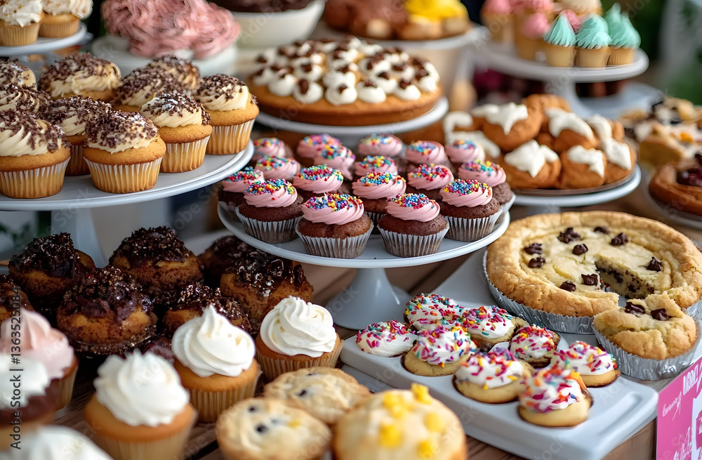 Various freshly baked goods displayed on table for charity bake sale. Cupcakes, cookies, pies assortment. Treats decorated with frosting, sprinkles. Homemade baking for fundraising event, tasty snack. Various freshly baked goods displayed on table for charity bake sale. Cupcakes, cookies, pies assortment. Treats decorated with frosting, sprinkles. Homemade baking for fundraising event, tasty snack.