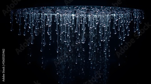 Close-up shot of water droplets falling from a shower head against a dark background.