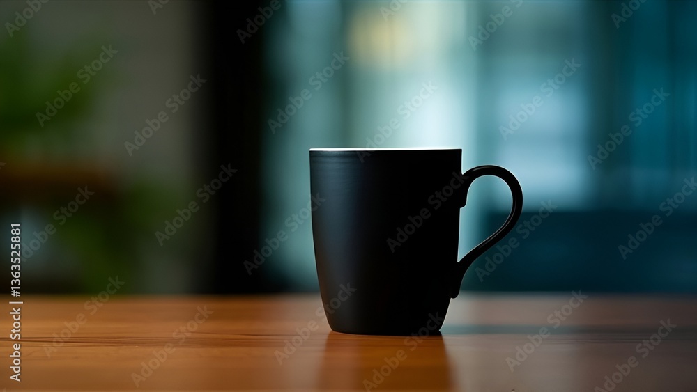 Fototapeta premium plain black mug on wooden table with blur background,tea,table