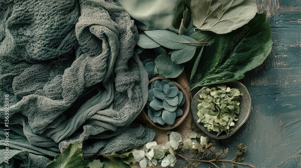 Obraz premium moodboard of interior design, green and beige soft linen fabric 