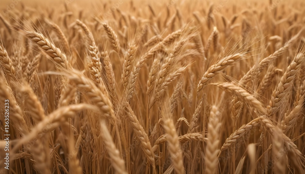 Close-up shot of a field of wheat, focusing on the ripe, golden ears of grain Close-up shot of a field of wheat, focusing on the ripe, golden ears of grain