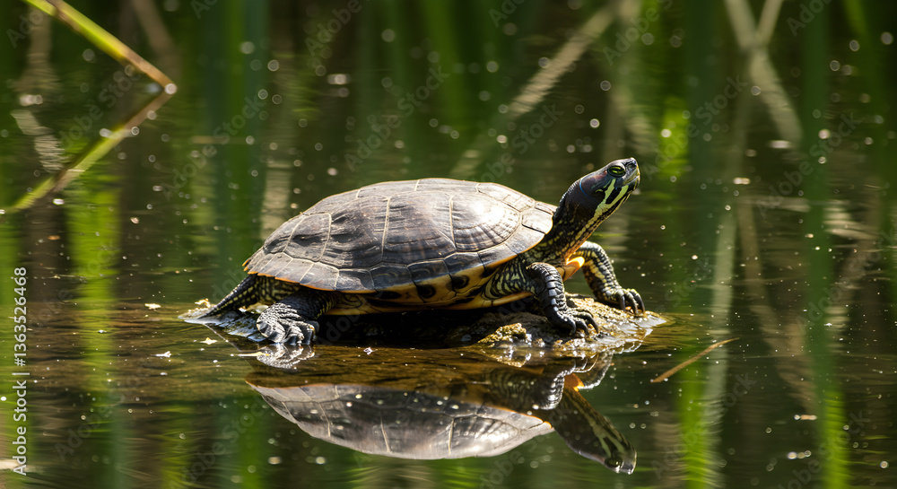 Turtle basking in the sunlight on a rock at the water surface of the pond Turtle basking in the sunlight on a rock at the water surface of the pond