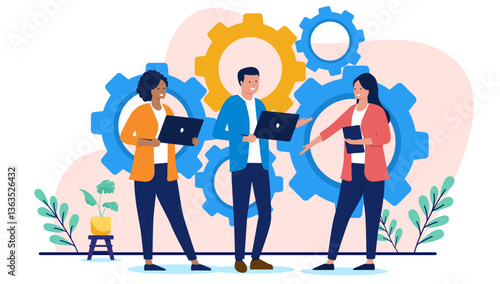 Businesspeople teamwork and collaboration concept - Group of three people with laptop computers working on project together with cogwheels in background. keep the wheels turning concept in flat design