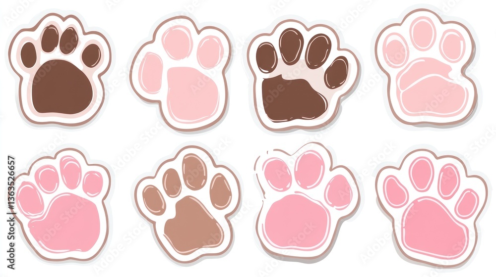 Fototapeta premium Eight animal paw prints, various colors, white background, for art or design use