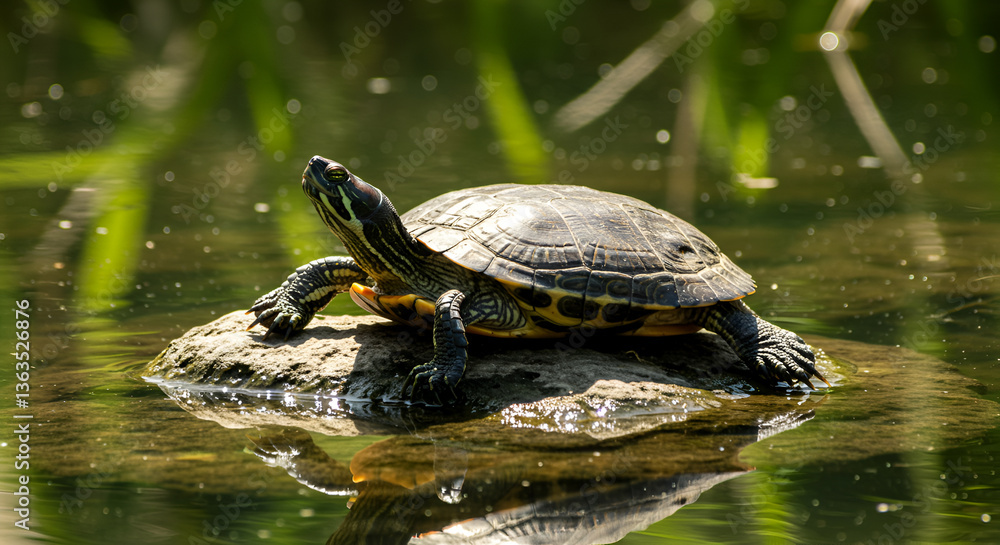 Turtle sunbathing on a rock amidst a serene pond environment enhancing its vitality Turtle sunbathing on a rock amidst a serene pond environment enhancing its vitality