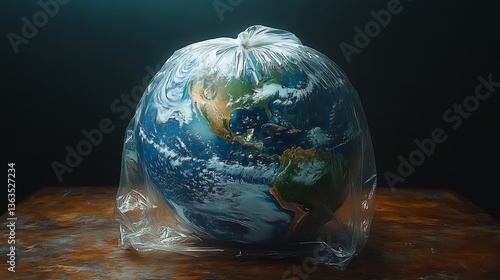 Hyperrealistic Earth wrapped tightly in a transparent plastic bag struggling for air symbolizing the planet suffocating under pollution Deep shadows moody lighting and a powerful message