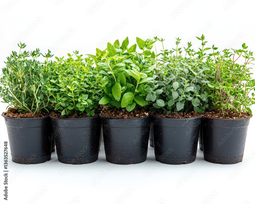 Fresh herbs in black pots arranged in a row, showcasing vibrant greenery Fresh herbs in black pots arranged in a row, showcasing vibrant greenery