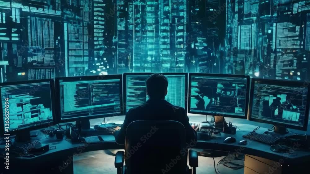 A man is sitting in front of a computer monitor with four other monitors in front of him. He is working on a computer A man is sitting in front of a computer monitor with four other monitors in front of him. He is working on a computer