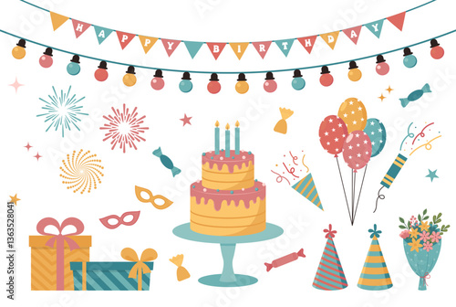 Birthday party decorations. Holiday elements set. Carnival masks, presents, cake, ballon, garlands and fireworks. Vector illustration