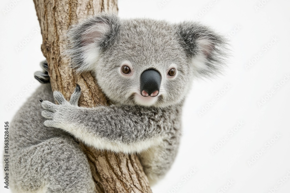 Naklejka premium Adorable koala joey clings to a tree trunk, showcasing its soft fur and endearing expression.