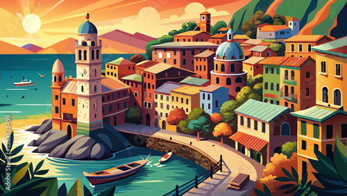 Picturesque Vernazza Village in Italy's Cinque Terre at Sunset
