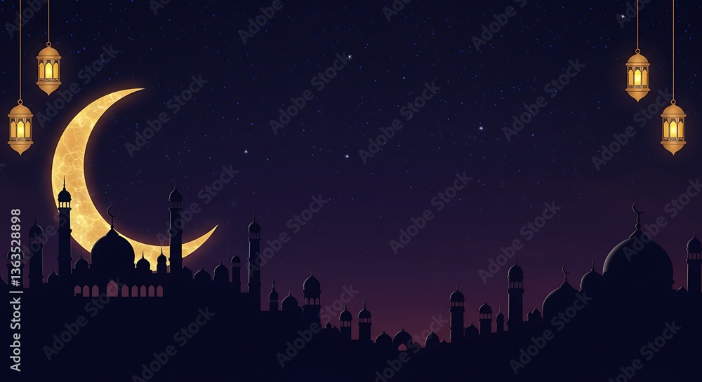 Naklejka premium Elegant Eid al-Fitr Greeting Card with Grand Mosque, Crescent Moon & Glowing Stars