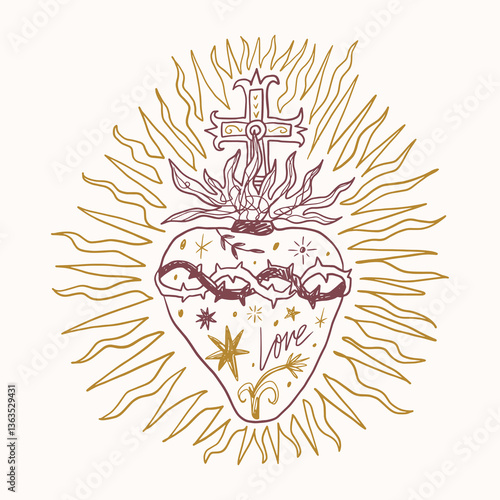 Vintage postmodern freaky cool funny doodle sacred heart Valentines love doodle character. Hand-drawn illustration of burning holy heart fire. Antique vintage retro vibe inspired poster or postcard