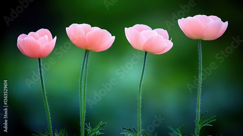   A trio of vibrant pink blossoms rests atop a verdant field, adjacent to a dense forest canopy adorned with emerald leaves