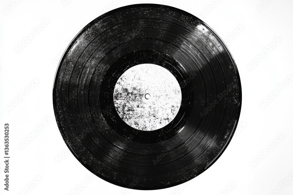 Obraz premium A dusty, scratched vinyl record, a relic of analog music, showcasing its grooves and label.