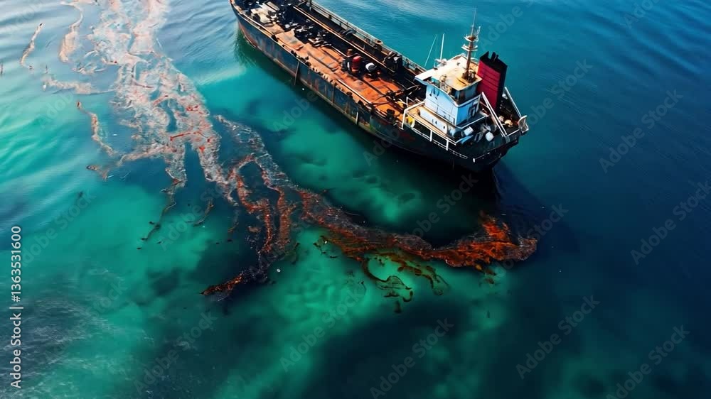 A stunning aerial shot shows a ship amidst clear waters, with dark streaks indicating an oil spill. This image highlights maritime issues and environmental impact. AI