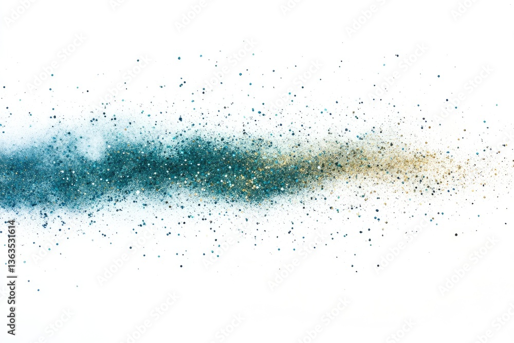 Fototapeta premium A burst of teal and gold glitter scattered on a white background, creating a sparkly and festive effect.