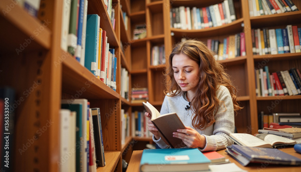 Thoughtful student reading in cozy library corner, knowledge pursuit Thoughtful student reading in cozy library corner, knowledge pursuit