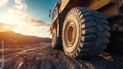 truck mining equipment and backhoe at a diamond mine ,outdoors sunset with blue sky late in the day