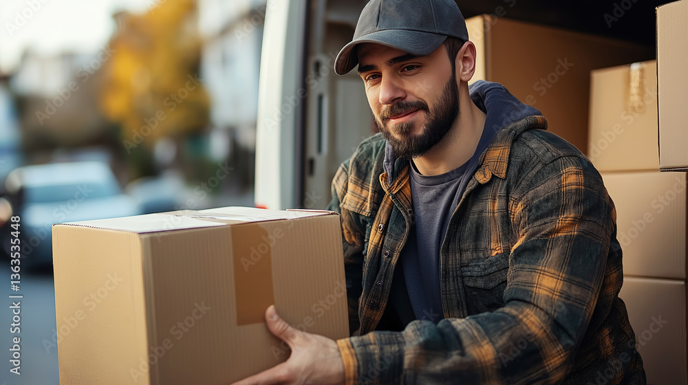 Delivery driver unloading cardboard boxes from a van in a neighborhood Delivery driver unloading cardboard boxes from a van in a neighborhood