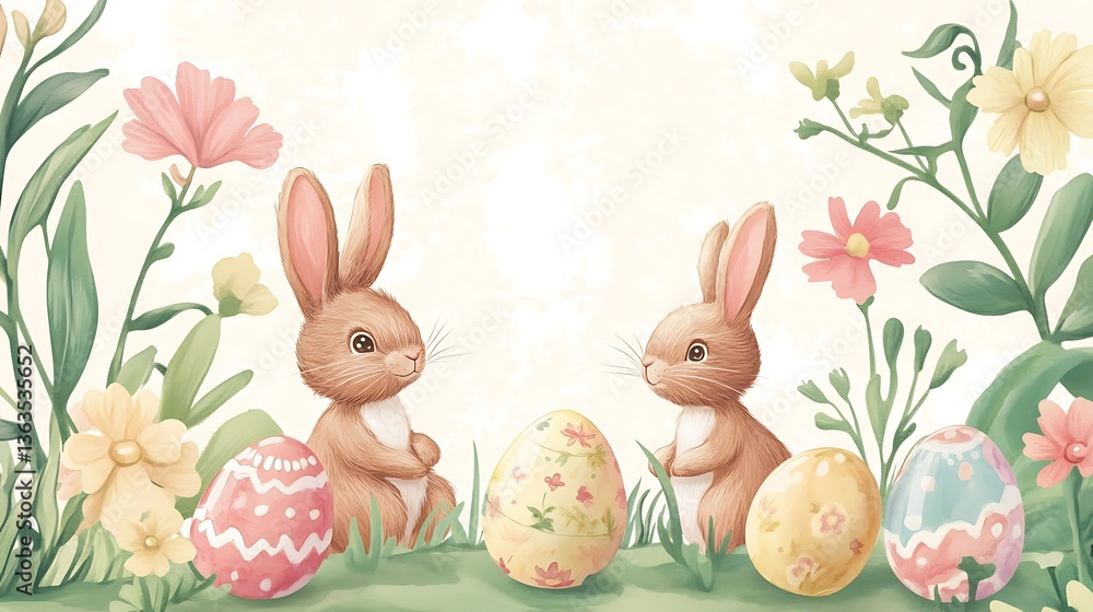Easter bunnies with eggs, and flowers. (53) Easter bunnies with eggs, and flowers. (53)