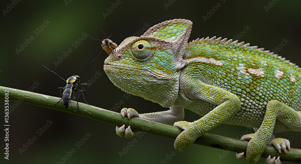 Fototapeta premium Chameleon's patient hunt: A lizard's intense gaze observing its insect prey in nature