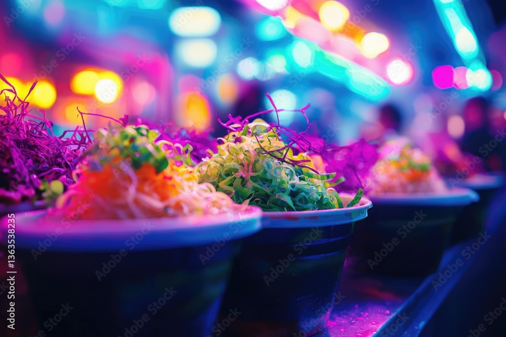 Vibrant neon-lit bowls of noodles and colorful vegetables at a night market. Vibrant neon-lit bowls of noodles and colorful vegetables at a night market.