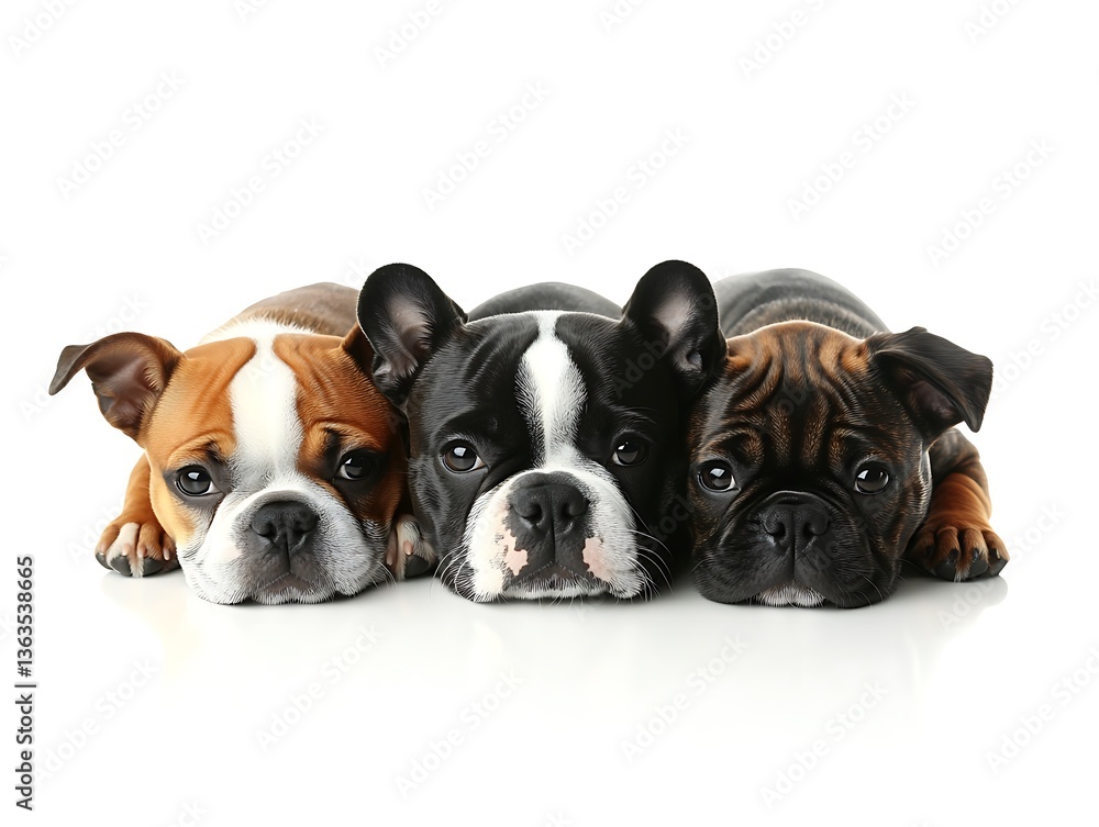 Obraz premium Three adorable puppies lying down together looking towards the viewer