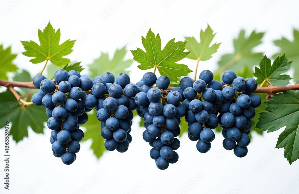 Dark blue grapes with green leaves isolated on white background. Ripe bunch of fresh organic grapes, agriculture. Ideal for food tech, healthy diet concepts, promoting organic products, eco-friendly Dark blue grapes with green leaves isolated on white background. Ripe bunch of fresh organic grapes, agriculture. Ideal for food tech, healthy diet concepts, promoting organic products, eco-friendly