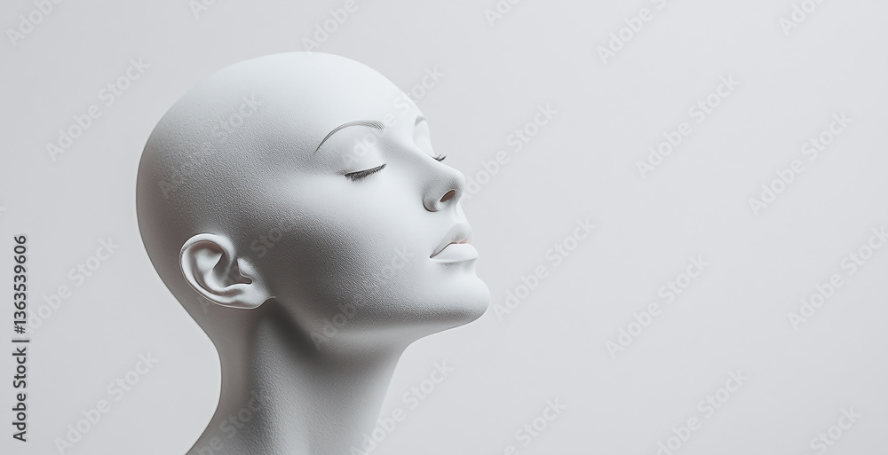 A white mannequin head. A side view of humanoid. Isolated background in 3d rendering. A white display lifestyle head. A white mannequin head. A side view of humanoid. Isolated background in 3d rendering. A white display lifestyle head.