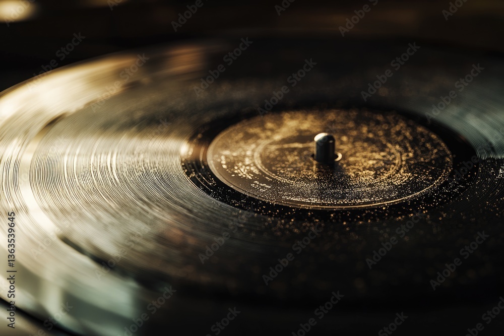 Close-up view of a spinning vinyl record, showcasing its grooves and texture in warm lighting. Close-up view of a spinning vinyl record, showcasing its grooves and texture in warm lighting.