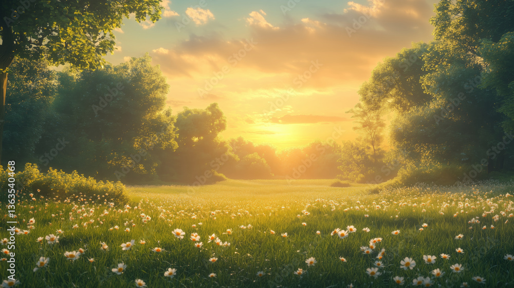 Fototapeta premium Lush landscape awakens to the golden glow of sunrise over new trees