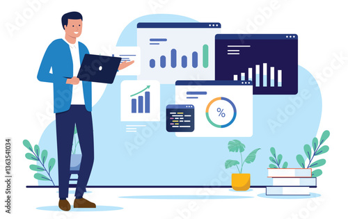 Businessman with charts and data - Man in professional clothing standing working and analysing diagrams and business financial graph results. Flat design vector illustration with white background