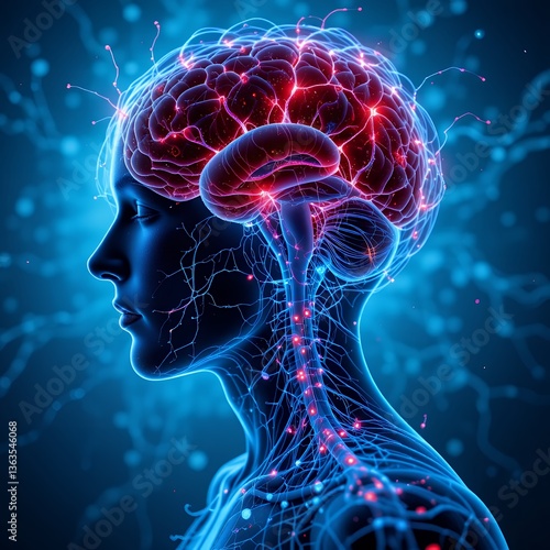 Futuristic brain with glowing nerves, illustrating neurological disease, pain, and neural disorders