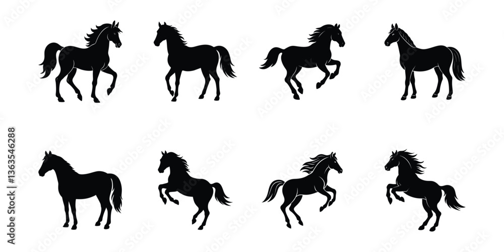 Fototapeta premium A set of eight Friesian horse vector silhouette designs. Simple collection. Isolated bundle on white background.