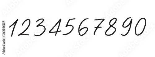 Doodle numbers from 1 to 9 and 0. Vector handwritten font numbers. Numbers hand drawn markers isolated on white background.