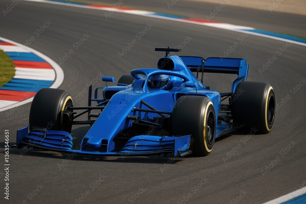 Fototapeta premium Dynamic formula 1 racing car in vibrant blue, speeding around a curved track, showcasing advanced aerodynamics and high-performance design.