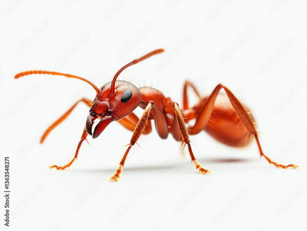 Close-up of Red Ant Standing on White Background with Detailed Features Close-up of Red Ant Standing on White Background with Detailed Features